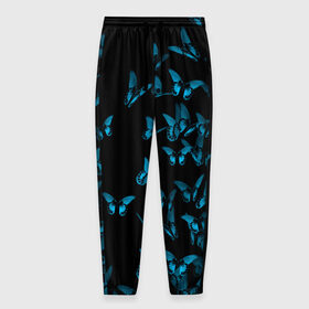 Мужские брюки 3D с принтом Синие бабочки в Екатеринбурге, 100% полиэстер | манжеты по низу, эластичный пояс регулируется шнурком, по бокам два кармана без застежек, внутренняя часть кармана из мелкой сетки | бабочка | мотылек | насекомые | синий