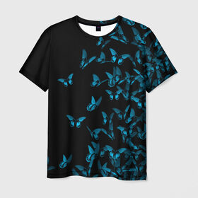 Мужская футболка 3D с принтом Синие бабочки в Екатеринбурге, 100% полиэфир | прямой крой, круглый вырез горловины, длина до линии бедер | бабочка | мотылек | насекомые | синий