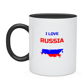 Кружка двухцветная с принтом Я люблю Россию (I love Russia) в Екатеринбурге, керамика | объем — 330 мл, диаметр — 80 мм. Цветная ручка и кайма сверху, в некоторых цветах — вся внутренняя часть | i love | russia | russian | я люблю россию
