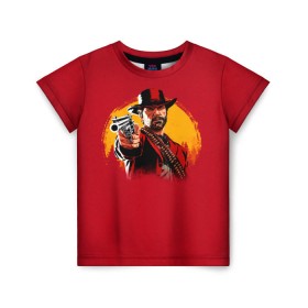 Детская футболка 3D с принтом Red Dead Redemption 2 в Екатеринбурге, 100% гипоаллергенный полиэфир | прямой крой, круглый вырез горловины, длина до линии бедер, чуть спущенное плечо, ткань немного тянется | Тематика изображения на принте: rdr | rockstar | рокстар