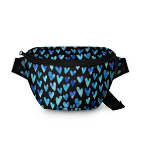 Поясная сумка 3D с принтом Blue Hearts в Екатеринбурге, 100% полиэстер | плотная ткань, ремень с регулируемой длиной, внутри несколько карманов для мелочей, основное отделение и карман с обратной стороны сумки застегиваются на молнию | акварель | любовь | паттерн | сердечки