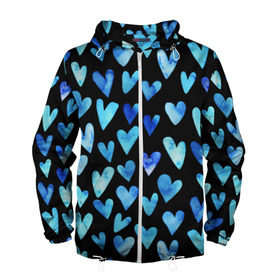 Мужская ветровка 3D с принтом Blue Hearts в Екатеринбурге, 100% полиэстер | подол и капюшон оформлены резинкой с фиксаторами, два кармана без застежек по бокам, один потайной карман на груди | Тематика изображения на принте: акварель | любовь | паттерн | сердечки