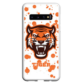 Чехол для Samsung Galaxy S10 с принтом Огненный тигр в Екатеринбурге, Силикон | Область печати: задняя сторона чехла, без боковых панелей | дикий | желтый | зверь | злой | лес | охотник | стая | тигр | узор | хищник | черный | шерсть