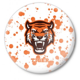 Значок с принтом Огненный тигр в Екатеринбурге,  металл | круглая форма, металлическая застежка в виде булавки | дикий | желтый | зверь | злой | лес | охотник | стая | тигр | узор | хищник | черный | шерсть