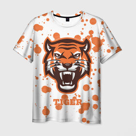 Мужская футболка 3D с принтом Огненный тигр в Екатеринбурге, 100% полиэфир | прямой крой, круглый вырез горловины, длина до линии бедер | Тематика изображения на принте: дикий | желтый | зверь | злой | лес | охотник | стая | тигр | узор | хищник | черный | шерсть