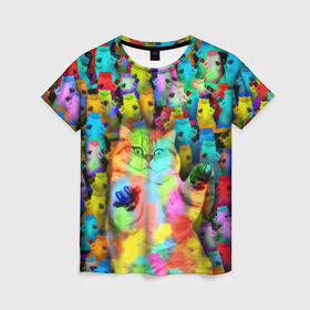 Женская футболка 3D с принтом Котики на дискотеке в Екатеринбурге, 100% полиэфир ( синтетическое хлопкоподобное полотно) | прямой крой, круглый вырез горловины, длина до линии бедер | кошки | паттерн | психоделика | разноцветный | яркий