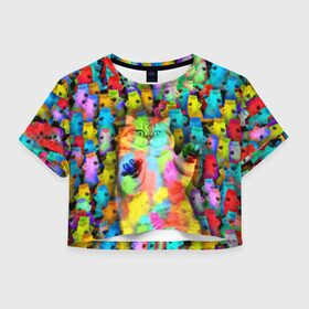 Женская футболка 3D укороченная с принтом Котики на дискотеке в Екатеринбурге, 100% полиэстер | круглая горловина, длина футболки до линии талии, рукава с отворотами | кошки | паттерн | психоделика | разноцветный | яркий