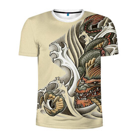 Мужская футболка 3D спортивная с принтом Восточный дракон в Екатеринбурге, 100% полиэстер с улучшенными характеристиками | приталенный силуэт, круглая горловина, широкие плечи, сужается к линии бедра | восток | дракон | тату | татуировка | япония