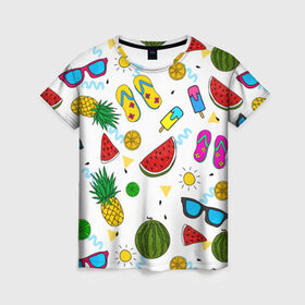 Женская футболка 3D с принтом Летняя в Екатеринбурге, 100% полиэфир ( синтетическое хлопкоподобное полотно) | прямой крой, круглый вырез горловины, длина до линии бедер | hot | lemon | summer | sun | ананас | арбуз | жара | курорт | лайм | лето | лимон | море | мороженое | отдых | очки | пляж | солнце