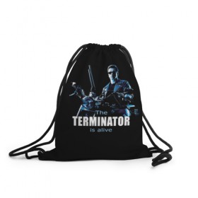 Рюкзак-мешок 3D с принтом Terminator alive в Екатеринбурге, 100% полиэстер | плотность ткани — 200 г/м2, размер — 35 х 45 см; лямки — толстые шнурки, застежка на шнуровке, без карманов и подкладки | arnold schwarzenegger | арнольд шварценеггер | киборг | кино | терминатор
