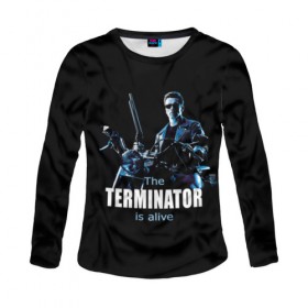 Женский лонгслив 3D с принтом Terminator alive в Екатеринбурге, 100% полиэстер | длинные рукава, круглый вырез горловины, полуприлегающий силуэт | arnold schwarzenegger | арнольд шварценеггер | киборг | кино | терминатор