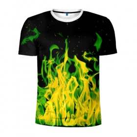 Мужская футболка 3D спортивная с принтом Дикий огонь в Екатеринбурге, 100% полиэстер с улучшенными характеристиками | приталенный силуэт, круглая горловина, широкие плечи, сужается к линии бедра | зеленое пламя | зеленый огонь