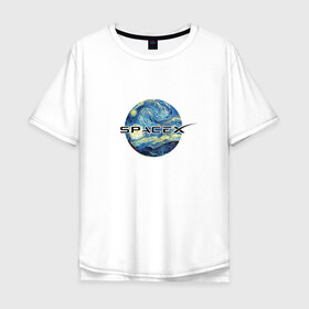 Мужская футболка хлопок Oversize с принтом Space X в Екатеринбурге, 100% хлопок | свободный крой, круглый ворот, “спинка” длиннее передней части | ван гог | илон | илон маск | искусство | космос | лунная ночь | маск | небо | прикольная | технологии | тренд