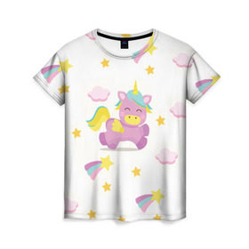 Женская футболка 3D с принтом Розовый единорог в Екатеринбурге, 100% полиэфир ( синтетическое хлопкоподобное полотно) | прямой крой, круглый вырез горловины, длина до линии бедер | единорог | звезда | легенда | лошадь | милые | миф | радуга | рог | символ | сказка | существо | яркие