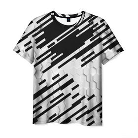 Мужская футболка 3D с принтом HEXAGON - Black and White в Екатеринбурге, 100% полиэфир | прямой крой, круглый вырез горловины, длина до линии бедер | 