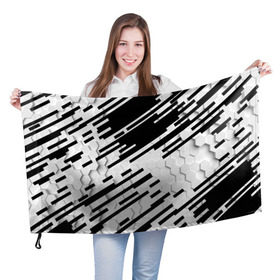 Флаг 3D с принтом HEXAGON - Black and White в Екатеринбурге, 100% полиэстер | плотность ткани — 95 г/м2, размер — 67 х 109 см. Принт наносится с одной стороны | 