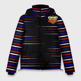 Мужская зимняя куртка 3D с принтом RUSSIA в Екатеринбурге, верх — 100% полиэстер; подкладка — 100% полиэстер; утеплитель — 100% полиэстер | длина ниже бедра, свободный силуэт Оверсайз. Есть воротник-стойка, отстегивающийся капюшон и ветрозащитная планка. 

Боковые карманы с листочкой на кнопках и внутренний карман на молнии. | abstract | black | geometry | russia | sport | texture | абстракция | геометрия | герб | горизонталь | горизонтальные полосы | патриот | патриотизм | полосы | разноцветные полосы | россия | русский | спорт | текстура