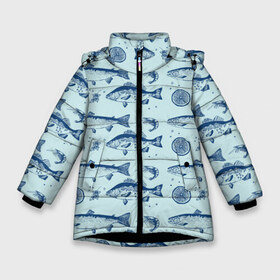 Зимняя куртка для девочек 3D с принтом Любителям рыбалки в Екатеринбурге, ткань верха — 100% полиэстер; подклад — 100% полиэстер, утеплитель — 100% полиэстер. | длина ниже бедра, удлиненная спинка, воротник стойка и отстегивающийся капюшон. Есть боковые карманы с листочкой на кнопках, утяжки по низу изделия и внутренний карман на молнии. 

Предусмотрены светоотражающий принт на спинке, радужный светоотражающий элемент на пуллере молнии и на резинке для утяжки. | наживка | популярные | прикол | рыба | рыбалка | трофей | удочка | улов