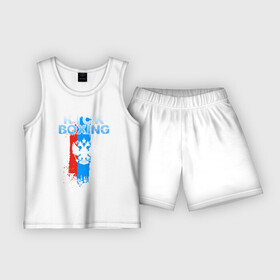 Детская пижама с шортами хлопок с принтом Kickboxing в Екатеринбурге,  |  | boxing | kickboxing | sport | боец | бой | бокс | боксер | борьба | кикбоксер | кикбоксинг | линии | надпись | полосы | россии | россия | рф | сборная | состязание | спорт | спортсмен | флаг