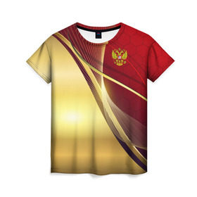 Женская футболка 3D с принтом RUSSIA SPORT: Red and Gold в Екатеринбурге, 100% полиэфир ( синтетическое хлопкоподобное полотно) | прямой крой, круглый вырез горловины, длина до линии бедер | abstract | design | geometry | hexagon | red and black | russia | sport | texture | абстракция | геометрия | герб | дизайн | патриот | патриотизм | россия | русский | соты | спорт | текстура | шестиугольники