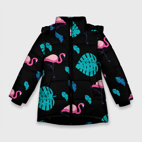 Зимняя куртка для девочек 3D с принтом Узор из фламинго в Екатеринбурге, ткань верха — 100% полиэстер; подклад — 100% полиэстер, утеплитель — 100% полиэстер. | длина ниже бедра, удлиненная спинка, воротник стойка и отстегивающийся капюшон. Есть боковые карманы с листочкой на кнопках, утяжки по низу изделия и внутренний карман на молнии. 

Предусмотрены светоотражающий принт на спинке, радужный светоотражающий элемент на пуллере молнии и на резинке для утяжки. | Тематика изображения на принте: африка | крылья | мода | прикольные | природа | птица | розовый | фламинго | цвет | яркие