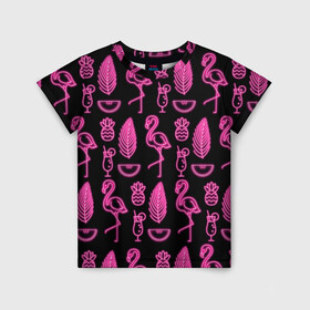 Детская футболка 3D с принтом Светящийся фламинго в Екатеринбурге, 100% гипоаллергенный полиэфир | прямой крой, круглый вырез горловины, длина до линии бедер, чуть спущенное плечо, ткань немного тянется | африка | крылья | мода | прикольные | природа | птица | розовый | фламинго | цвет | яркие
