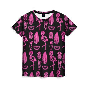 Женская футболка 3D с принтом Светящийся фламинго в Екатеринбурге, 100% полиэфир ( синтетическое хлопкоподобное полотно) | прямой крой, круглый вырез горловины, длина до линии бедер | Тематика изображения на принте: африка | крылья | мода | прикольные | природа | птица | розовый | фламинго | цвет | яркие