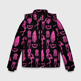 Зимняя куртка для мальчиков 3D с принтом Светящийся фламинго в Екатеринбурге, ткань верха — 100% полиэстер; подклад — 100% полиэстер, утеплитель — 100% полиэстер | длина ниже бедра, удлиненная спинка, воротник стойка и отстегивающийся капюшон. Есть боковые карманы с листочкой на кнопках, утяжки по низу изделия и внутренний карман на молнии. 

Предусмотрены светоотражающий принт на спинке, радужный светоотражающий элемент на пуллере молнии и на резинке для утяжки | Тематика изображения на принте: африка | крылья | мода | прикольные | природа | птица | розовый | фламинго | цвет | яркие