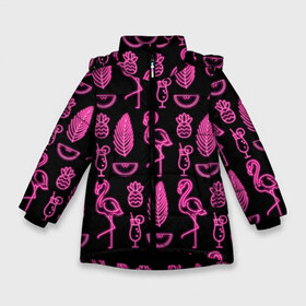 Зимняя куртка для девочек 3D с принтом Светящийся фламинго в Екатеринбурге, ткань верха — 100% полиэстер; подклад — 100% полиэстер, утеплитель — 100% полиэстер. | длина ниже бедра, удлиненная спинка, воротник стойка и отстегивающийся капюшон. Есть боковые карманы с листочкой на кнопках, утяжки по низу изделия и внутренний карман на молнии. 

Предусмотрены светоотражающий принт на спинке, радужный светоотражающий элемент на пуллере молнии и на резинке для утяжки. | африка | крылья | мода | прикольные | природа | птица | розовый | фламинго | цвет | яркие