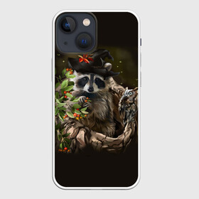 Чехол для iPhone 13 mini с принтом Енот и сова в Екатеринбурге,  |  | дерево | енот | животные | лес | птицы | сова | шляпа
