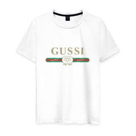 Мужская футболка хлопок с принтом Gussi в Екатеринбурге, 100% хлопок | прямой крой, круглый вырез горловины, длина до линии бедер, слегка спущенное плечо. | ga ga ga | gang | gucci | guchi | guci | gusi | gussi | га га га | гуси | гусси | гучи | гуччи | модный гусь