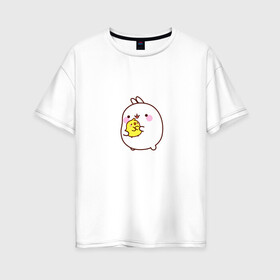 Женская футболка хлопок Oversize с принтом Molang Друзья в Екатеринбурге, 100% хлопок | свободный крой, круглый ворот, спущенный рукав, длина до линии бедер
 | kawaii | аниме | зайчик | зая | заяц | каваи | мимими | моланг | птенчик