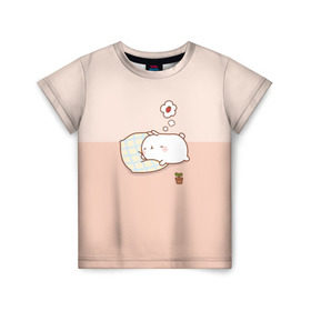 Детская футболка 3D с принтом Molang Сладкий Сон в Екатеринбурге, 100% гипоаллергенный полиэфир | прямой крой, круглый вырез горловины, длина до линии бедер, чуть спущенное плечо, ткань немного тянется | kawaii | аниме | зайчик | зая | заяц | каваи | клубника | мимими | моланг | розовый | сон
