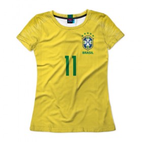 Женская футболка 3D с принтом Coutinho home WC 2018 в Екатеринбурге, 100% полиэфир ( синтетическое хлопкоподобное полотно) | прямой крой, круглый вырез горловины, длина до линии бедер | brazil | coutinho | cup champions | league | world | бразилия | коутиньо