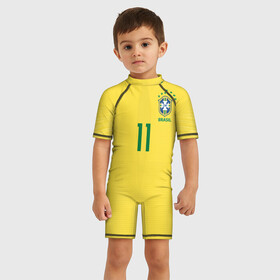 Детский купальный костюм 3D с принтом Coutinho home WC 2018 в Екатеринбурге, Полиэстер 85%, Спандекс 15% | застежка на молнии на спине | brazil | coutinho | cup champions | league | world | бразилия | коутиньо