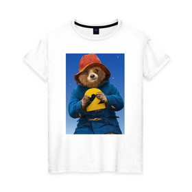 Женская футболка хлопок с принтом Паддингтон 2 в Екатеринбурге, 100% хлопок | прямой крой, круглый вырез горловины, длина до линии бедер, слегка спущенное плечо | англия | вокзал | комедия | медведь | мультфильм | паддингтона 2 | фэнтези | шляпа