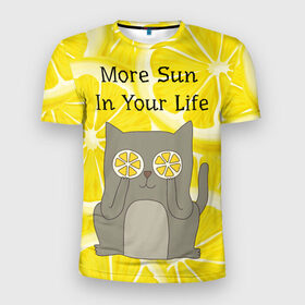 Мужская футболка 3D спортивная с принтом More Sun In Your Life в Екатеринбурге, 100% полиэстер с улучшенными характеристиками | приталенный силуэт, круглая горловина, широкие плечи, сужается к линии бедра | Тематика изображения на принте: cat | kitty | lemon | lemonade | limon | pussycat | summer | жара | желтый | кот | котенок | котики | котэ | кошка | лемон | лемонад | лето | лимон | лимонад | позитив | серый | сок | солнце | сочный | фрукт | цитрус | черный | яркий