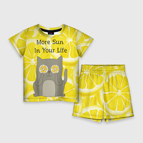 Детский костюм с шортами 3D с принтом More Sun In Your Life в Екатеринбурге,  |  | cat | kitty | lemon | lemonade | limon | pussycat | summer | жара | желтый | кот | котенок | котики | котэ | кошка | лемон | лемонад | лето | лимон | лимонад | позитив | серый | сок | солнце | сочный | фрукт | цитрус | черный | яркий