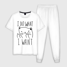 Мужская пижама хлопок с принтом Do What Want в Екатеринбурге, 100% хлопок | брюки и футболка прямого кроя, без карманов, на брюках мягкая резинка на поясе и по низу штанин
 | cat | kitty | кот | кошка