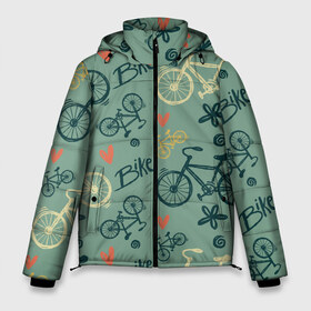 Мужская зимняя куртка 3D с принтом Велосипед Текстура в Екатеринбурге, верх — 100% полиэстер; подкладка — 100% полиэстер; утеплитель — 100% полиэстер | длина ниже бедра, свободный силуэт Оверсайз. Есть воротник-стойка, отстегивающийся капюшон и ветрозащитная планка. 

Боковые карманы с листочкой на кнопках и внутренний карман на молнии. | байк | велик | вело | велосипед | велосипеды | велоспорт | с велосипедом | спорт
