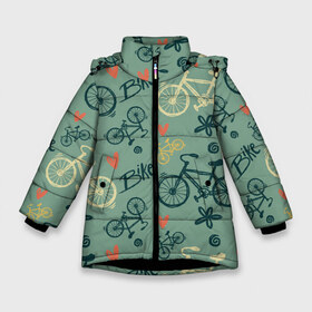Зимняя куртка для девочек 3D с принтом Велосипед Текстура в Екатеринбурге, ткань верха — 100% полиэстер; подклад — 100% полиэстер, утеплитель — 100% полиэстер. | длина ниже бедра, удлиненная спинка, воротник стойка и отстегивающийся капюшон. Есть боковые карманы с листочкой на кнопках, утяжки по низу изделия и внутренний карман на молнии. 

Предусмотрены светоотражающий принт на спинке, радужный светоотражающий элемент на пуллере молнии и на резинке для утяжки. | байк | велик | вело | велосипед | велосипеды | велоспорт | с велосипедом | спорт