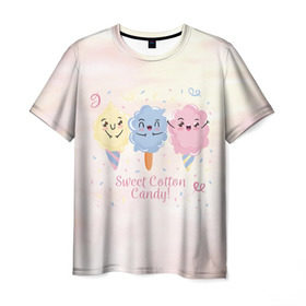 Мужская футболка 3D с принтом Сахарная Вата в Екатеринбурге, 100% полиэфир | прямой крой, круглый вырез горловины, длина до линии бедер | Тематика изображения на принте: candy | мороженое | рожок | сахарная вата | сладкая вата