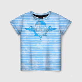 Детская футболка 3D с принтом ВДВ в Екатеринбурге, 100% гипоаллергенный полиэфир | прямой крой, круглый вырез горловины, длина до линии бедер, чуть спущенное плечо, ткань немного тянется | вдв | голубая | никто кроме нас | парашют | полоски | самолеты | тельняшка