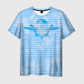 Мужская футболка 3D с принтом ВДВ в Екатеринбурге, 100% полиэфир | прямой крой, круглый вырез горловины, длина до линии бедер | Тематика изображения на принте: вдв | голубая | никто кроме нас | парашют | полоски | самолеты | тельняшка