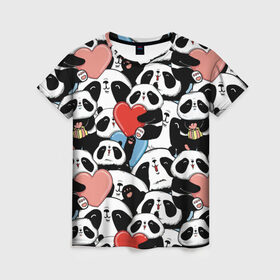 Женская футболка 3D с принтом Пандяшки в Екатеринбурге, 100% полиэфир ( синтетическое хлопкоподобное полотно) | прямой крой, круглый вырез горловины, длина до линии бедер | baby | cute | fun | gift | happy | heart | panda | paw | smile | белый | красный | лапа | малыш | милый | мягкий | нежный | няшный | панда | подарок | радость | розовый | сердце | счастье | сюрприз | улыбка | черный