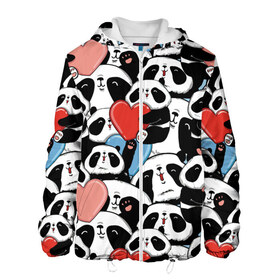 Мужская куртка 3D с принтом Пандяшки в Екатеринбурге, ткань верха — 100% полиэстер, подклад — флис | прямой крой, подол и капюшон оформлены резинкой с фиксаторами, два кармана без застежек по бокам, один большой потайной карман на груди. Карман на груди застегивается на липучку | Тематика изображения на принте: baby | cute | fun | gift | happy | heart | panda | paw | smile | белый | красный | лапа | малыш | милый | мягкий | нежный | няшный | панда | подарок | радость | розовый | сердце | счастье | сюрприз | улыбка | черный