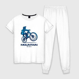 Женская пижама хлопок с принтом Велосипед в Екатеринбурге, 100% хлопок | брюки и футболка прямого кроя, без карманов, на брюках мягкая резинка на поясе и по низу штанин | Тематика изображения на принте: downhill | байк | велосипед | велоспорт | горный | горы | спорт