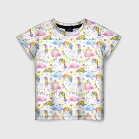Детская футболка 3D с принтом Акварельные Единороги в Екатеринбурге, 100% гипоаллергенный полиэфир | прямой крой, круглый вырез горловины, длина до линии бедер, чуть спущенное плечо, ткань немного тянется | unicorn | единорог | единорожка | мимими | радуга
