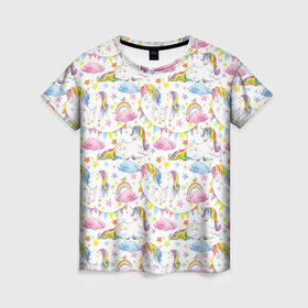 Женская футболка 3D с принтом Акварельные Единороги в Екатеринбурге, 100% полиэфир ( синтетическое хлопкоподобное полотно) | прямой крой, круглый вырез горловины, длина до линии бедер | unicorn | единорог | единорожка | мимими | радуга