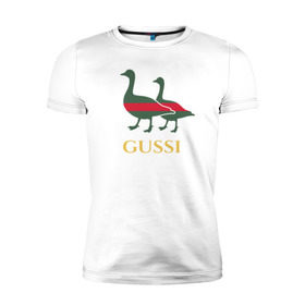 Мужская футболка премиум с принтом Gussi GG в Екатеринбурге, 92% хлопок, 8% лайкра | приталенный силуэт, круглый вырез ворота, длина до линии бедра, короткий рукав | gucci | gussi | гуси | гучи